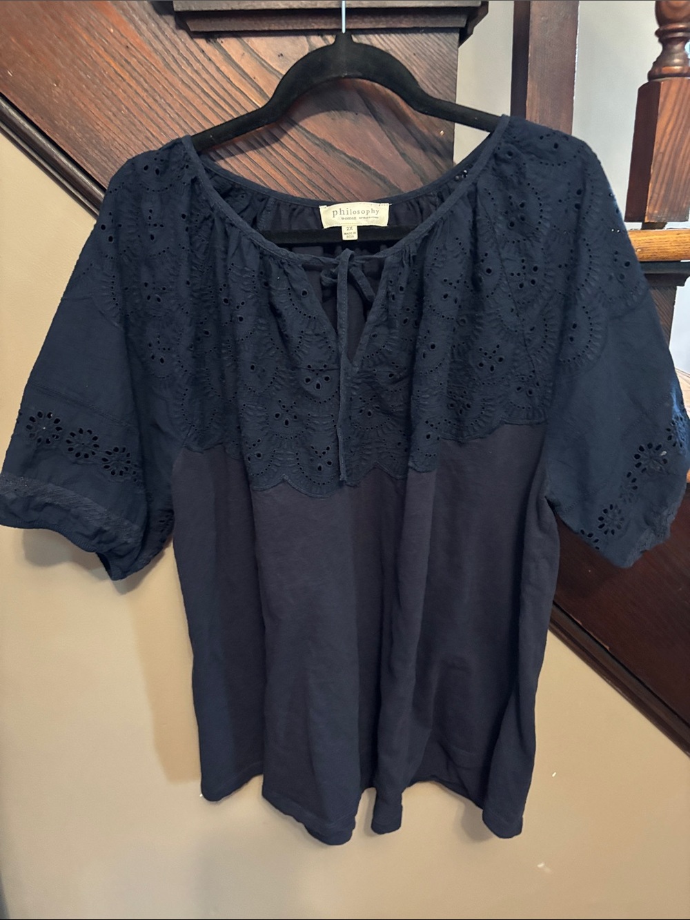 Philosophy Navy Eyelet Peasant Top